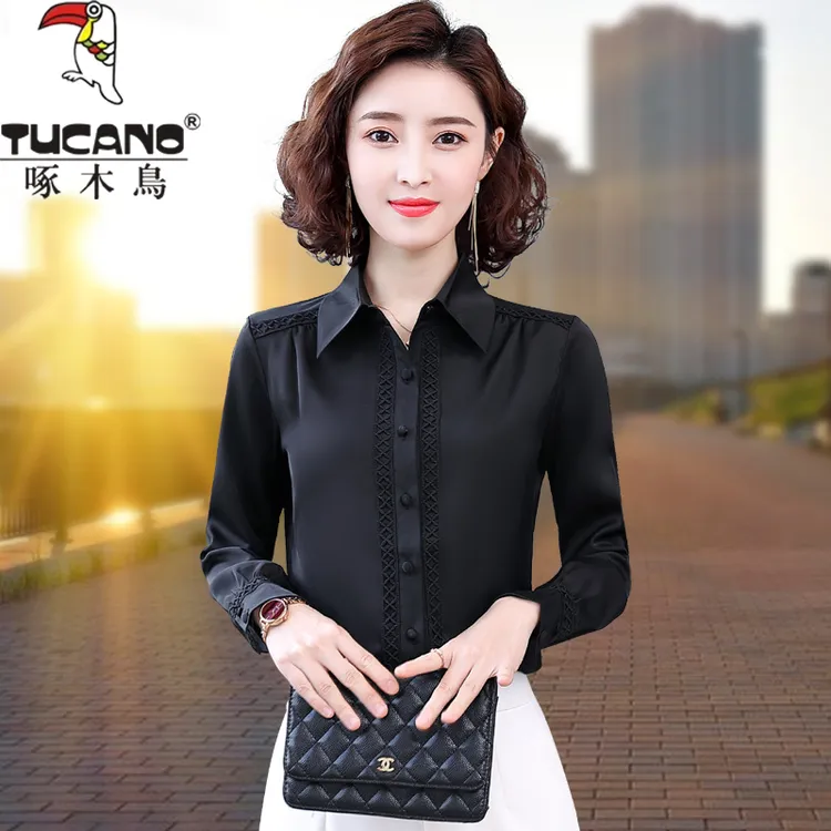 TUCANO/啄木鳥缎面衬衫女长袖上衣加绒厚保暖春秋冬新款洋气衬衣