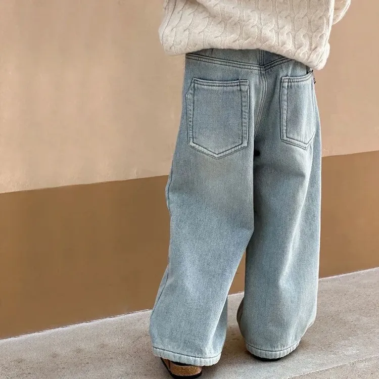 男女童加绒加厚牛仔裤中小童牛仔裤儿童显瘦高腰直筒百搭宽松韩版