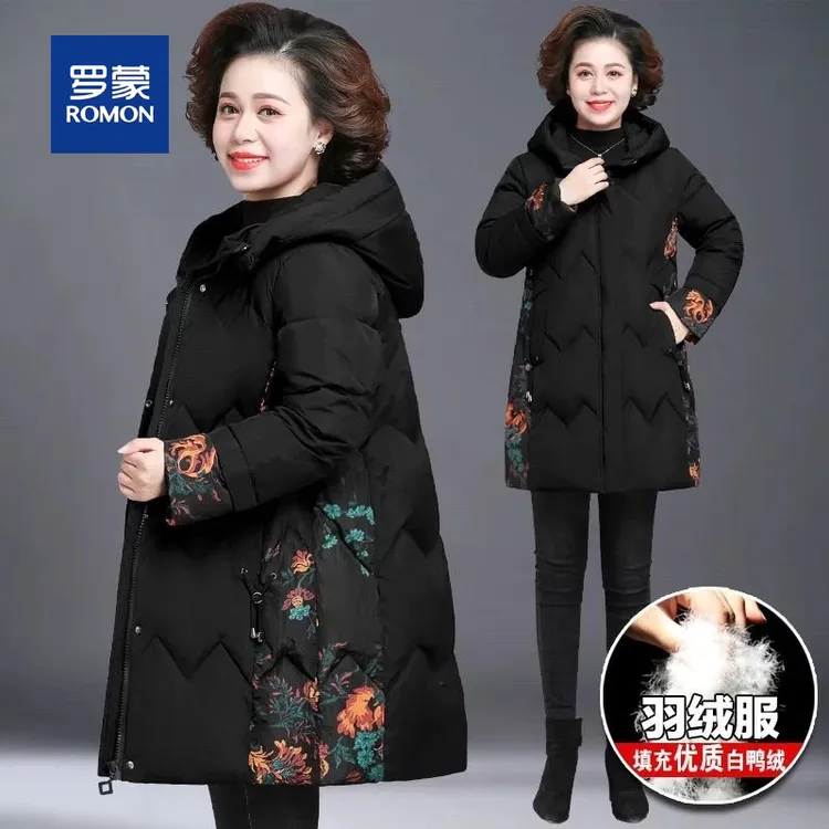 罗蒙高档白鸭绒妈妈冬装羽绒服中长款加厚保暖中老年人老太太外套