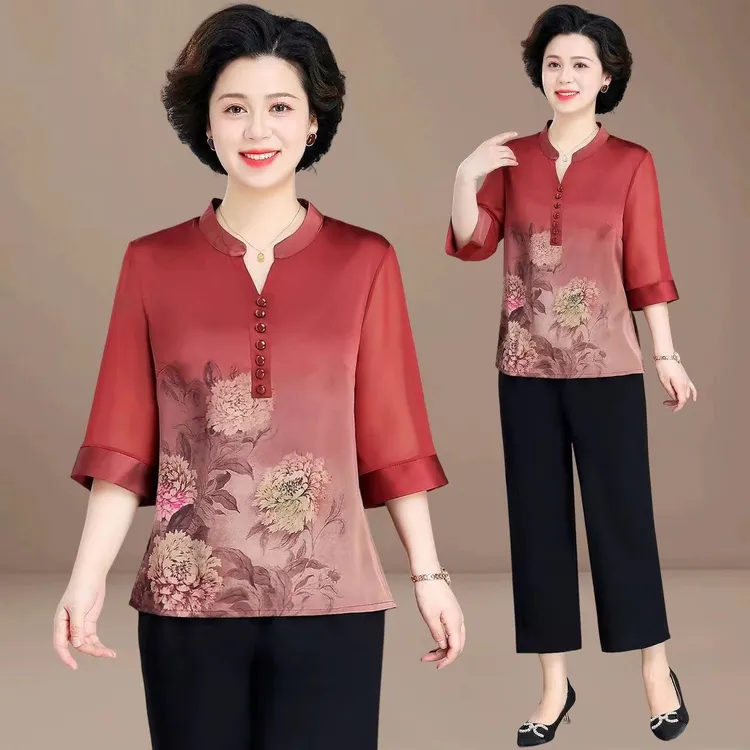 罗蒙妈妈夏装套装洋气2025新款贵夫人小衫中老年人短袖T恤上衣女