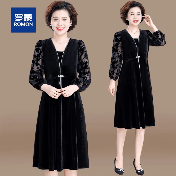 罗蒙妈妈连衣裙女春秋季新款中老年秋装阔太太洋气金丝绒打底裙子