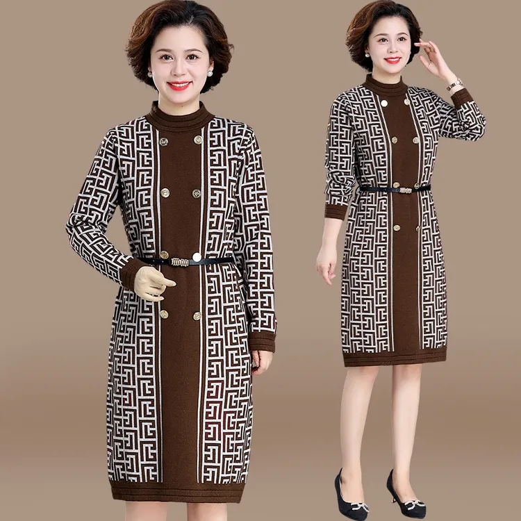 罗蒙中老年妈妈连衣裙女秋冬季针织打底裙子阔太太收腰显瘦长裙