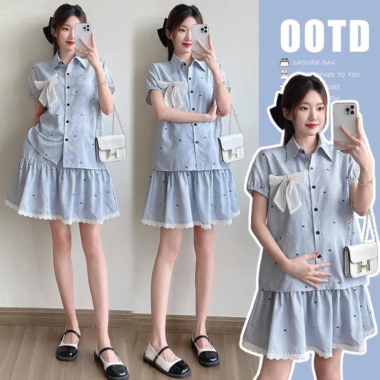 孕妇夏装上衣孕妇衬衫孕妇装夏季装两件套洋气短袖裙裤孕妇套装