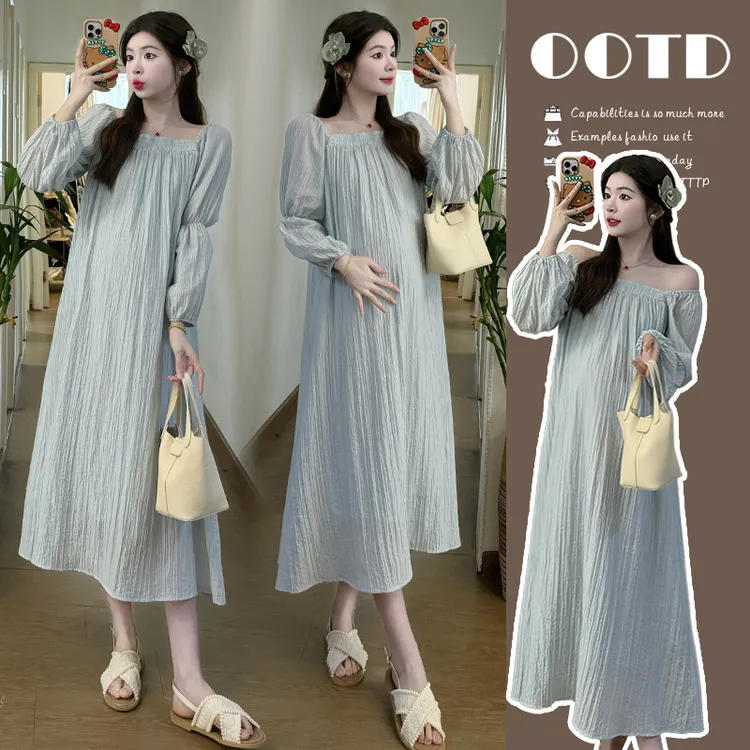 2024春装新品韩版时尚宽松法式气质纯色简约中长连衣裙减龄百搭裙