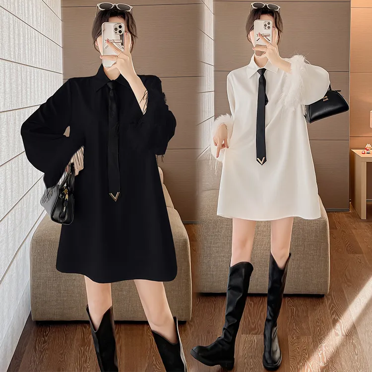 孕妇春季新款领带羽毛袖宽松大码衬衫连衣裙时尚百搭减龄潮妈简约