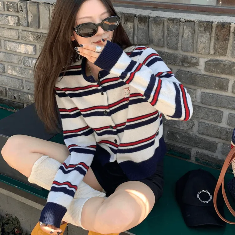 秋装女装时髦洋气条纹长袖针织开衫外穿慵懒风毛衣外套小外搭上衣
