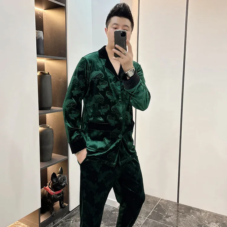 男士金丝绒长袖睡衣套装2025春季绿色高级感可外穿家居服两件套潮