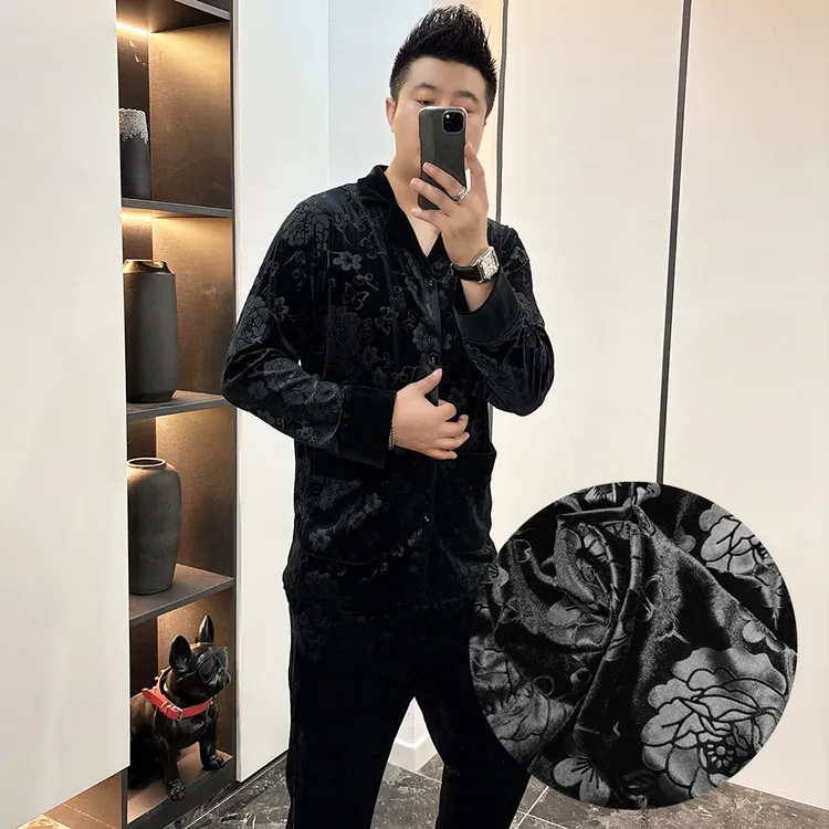 2025新款金丝绒压花男士长袖高档睡衣套装时尚青年休闲家居服大码