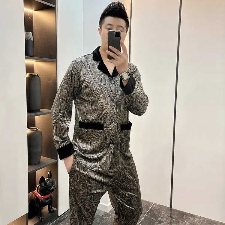高级印花品质男士金丝绒睡衣套装流苏大码休闲宽松外穿条纹家居服