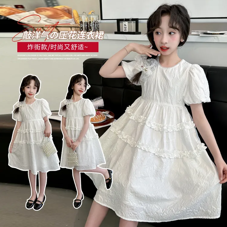 女童演出连衣裙洋气夏款2025新款中大童超仙压花裙儿童礼服公主裙