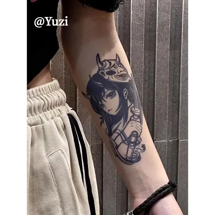般若艺伎卡通纹身贴半永久持久花臂草本果汁手臂防水纹身图案女