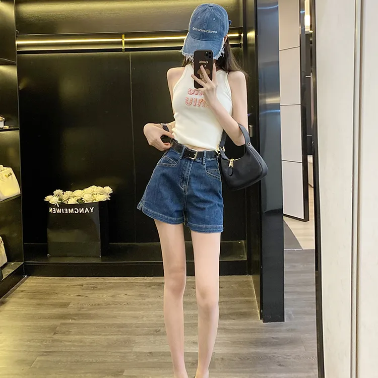 【赠送腰带】Mike 复古蓝牛仔短裤女2024春夏新款设计感开叉A字裤