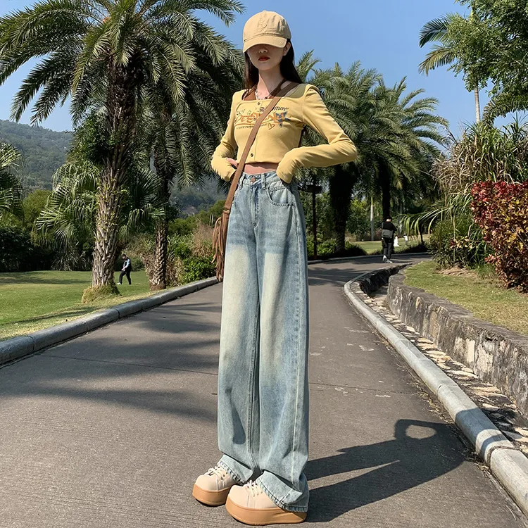 浅色阔腿高腰牛仔裤女2024春季美式高街显瘦辣妹拖地宽松直筒裤子