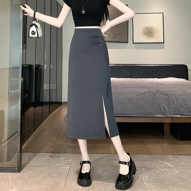 国风显瘦半身裙新中式盘扣高腰大码开叉包臀一步长裙气质时尚气质
