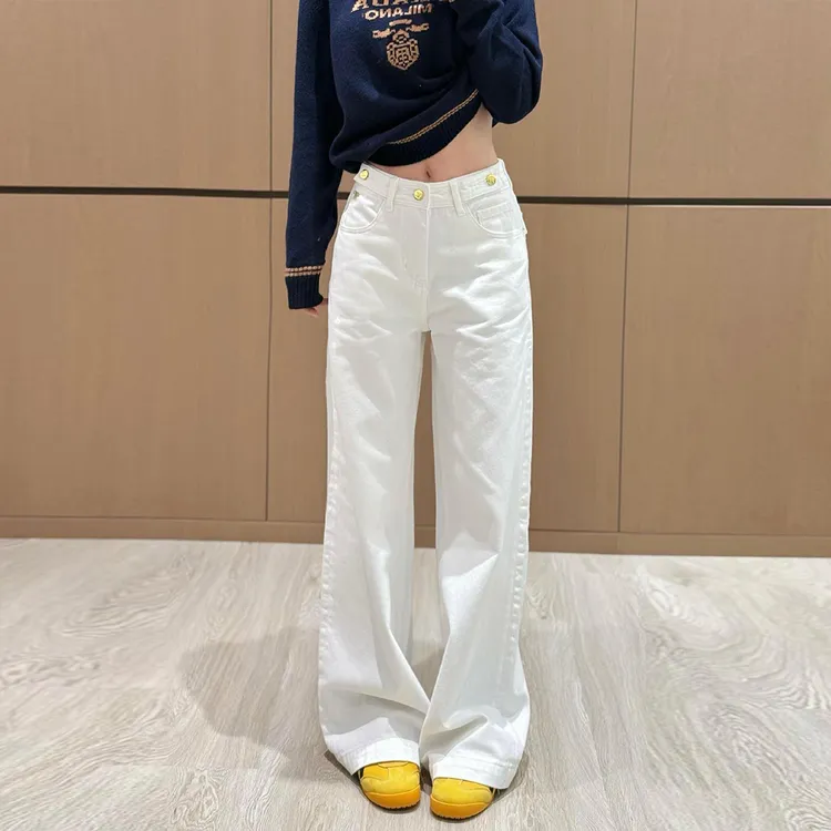 【C215】高腰白色窄版牛仔长裤女春夏新款宽松显瘦洋气阔腿拖地裤子