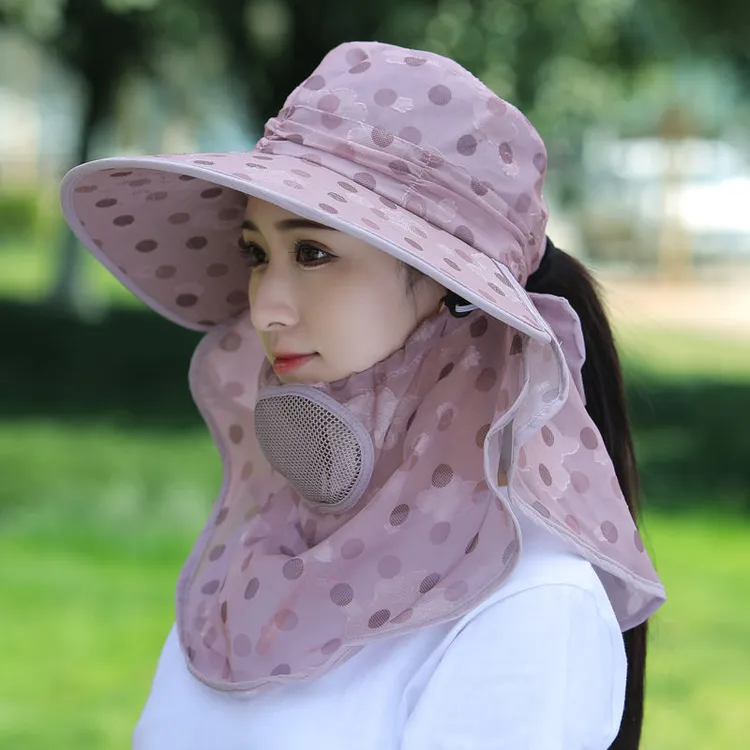 凉感冰丝遮阳防晒帽女户外出行遮脸防紫外线采茶帽小圆点帽子11