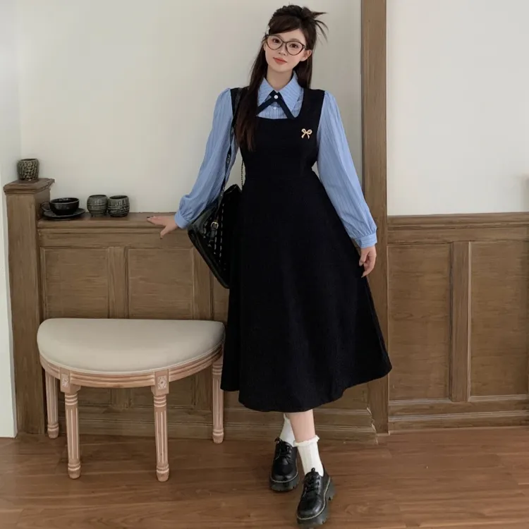 大码女装2025秋冬学院风假两件条纹衬衫连衣裙教资面试穿搭