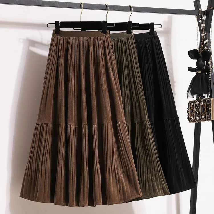 2024大码秋冬胖mm时尚百搭减龄百褶裙大摆裙半身裙中长款高腰韩版