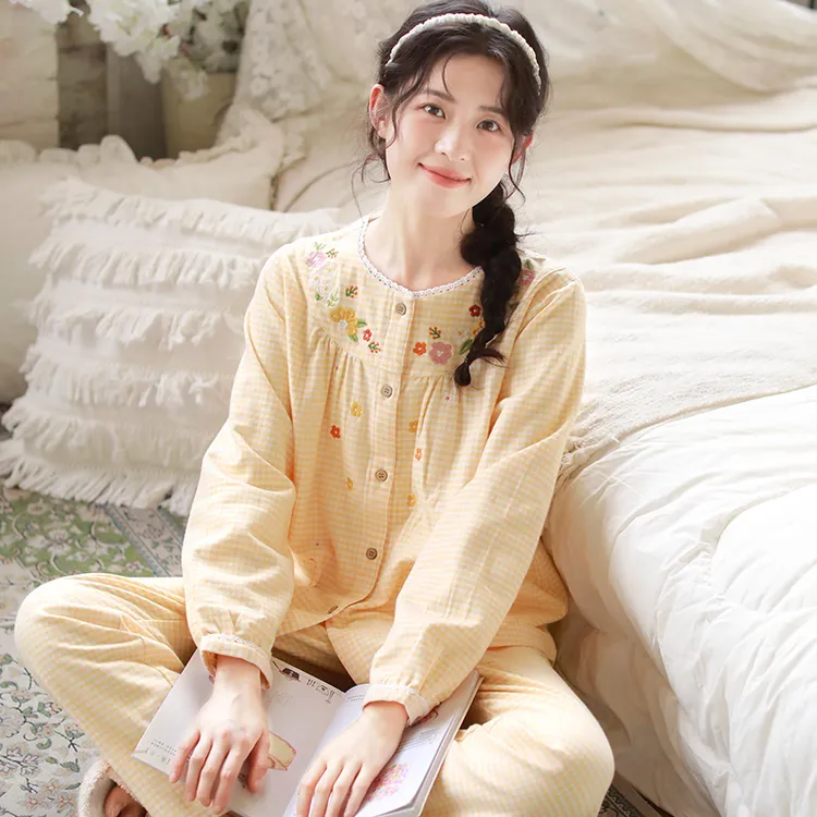 『花楹』春秋新款纯棉磨毛绒布睡衣女格子长袖全棉家居服套装LZ2723