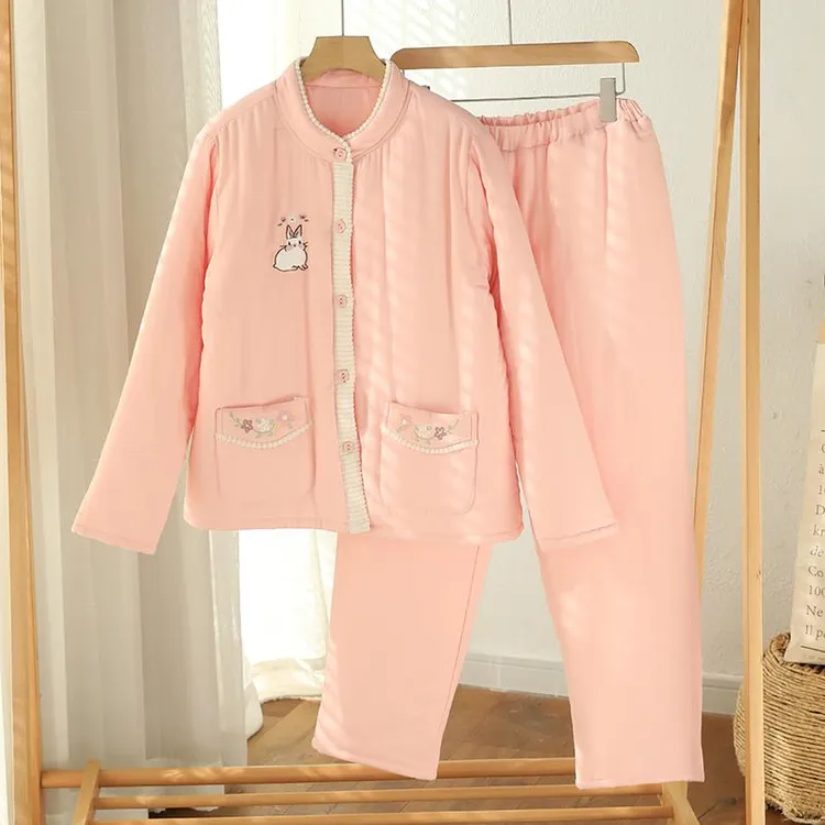 『眠岛』冬季三层夹棉睡衣女加厚保暖棉袄二件套纯棉家居服FD0576