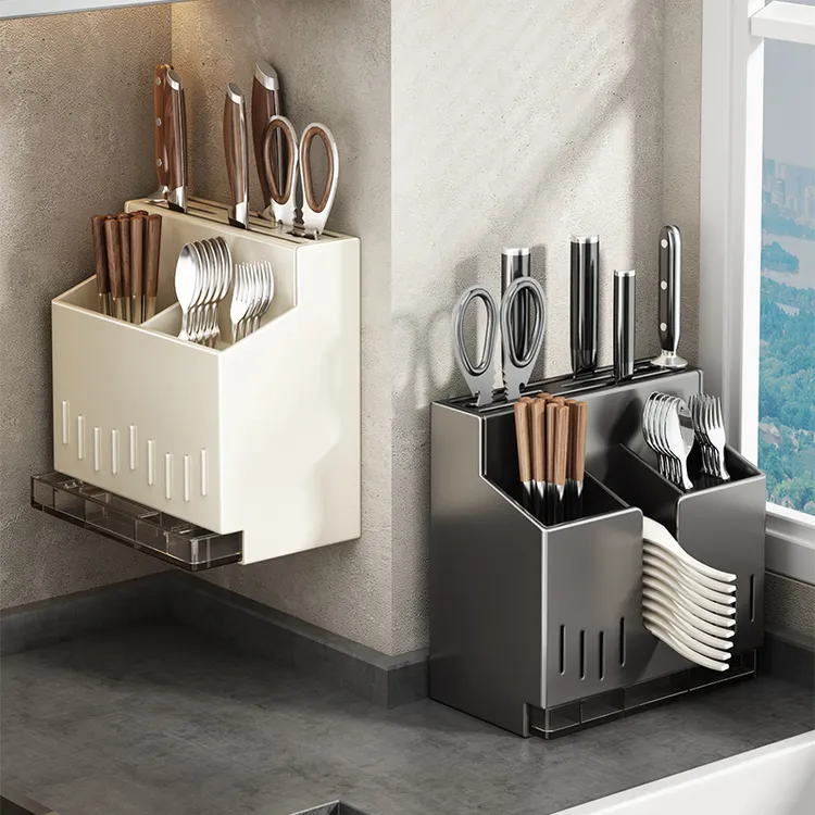刀架筷子筒笼盒一体不锈钢厨房置物架勺子筷笼刀具收纳免打孔壁挂