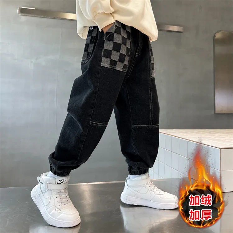 【加绒加厚】儿童男童裤子2025新款中大童秋冬洋气牛仔裤炸街黑色