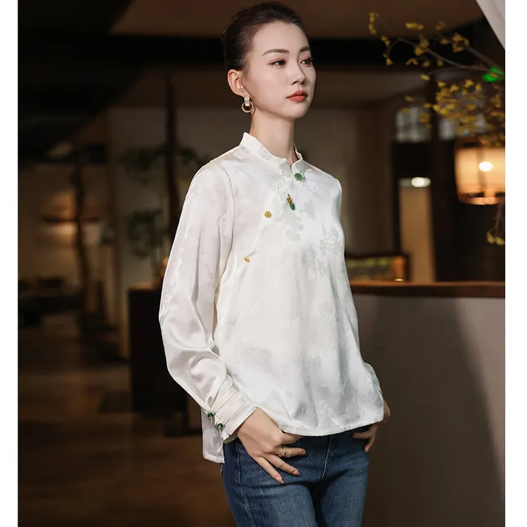 新中式时尚春秋气质提花长袖春夏禅意文艺绣花上衣女春季立领复古