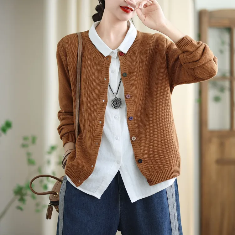 彩色扣子针线棉线毛衣女秋季外穿百搭宽松薄外套气质长袖休闲纯色