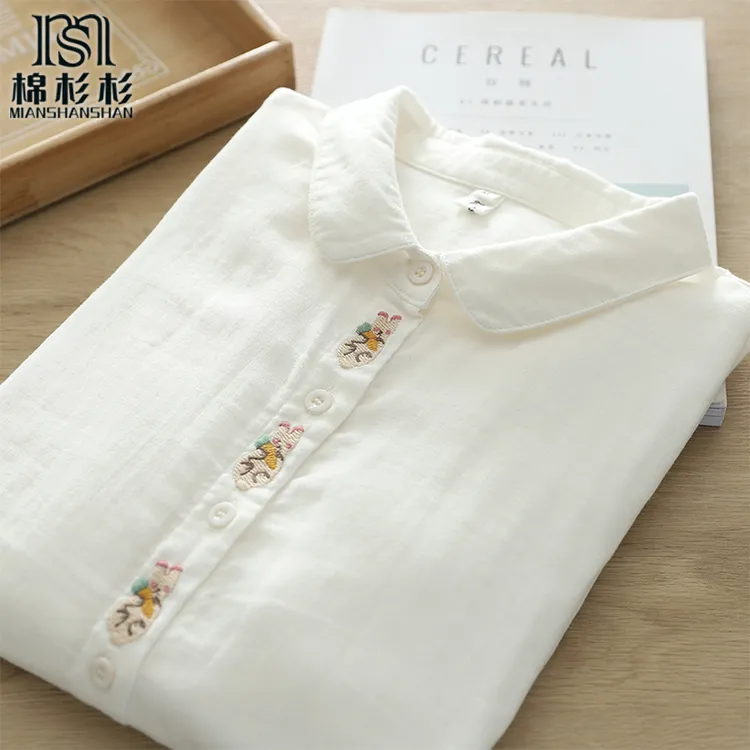 双层棉纱纯棉面料  门襟可爱动物兔子刺绣  长袖衬衫女可爱小清新