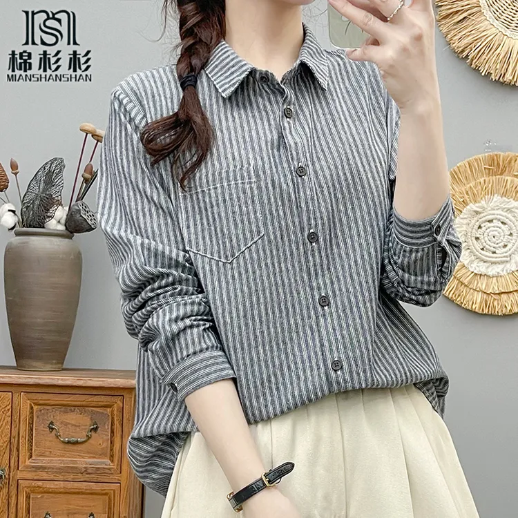 怀旧色系 纯棉长袖衬衫女 秋季新款显瘦气质衬衣 复古文艺