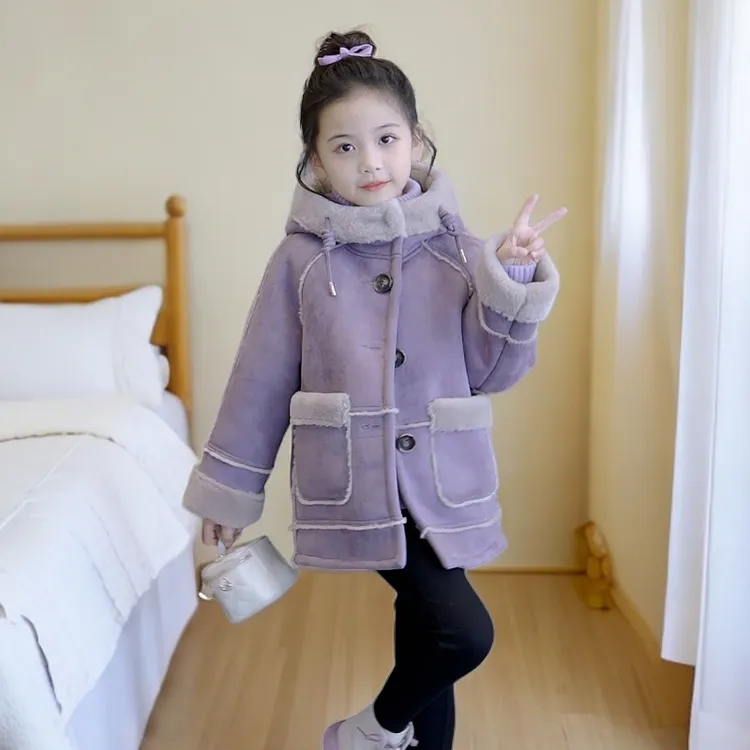女童秋冬季中大儿童加绒加厚冬装皮毛一体外套女孩韩版羊羔绒上衣