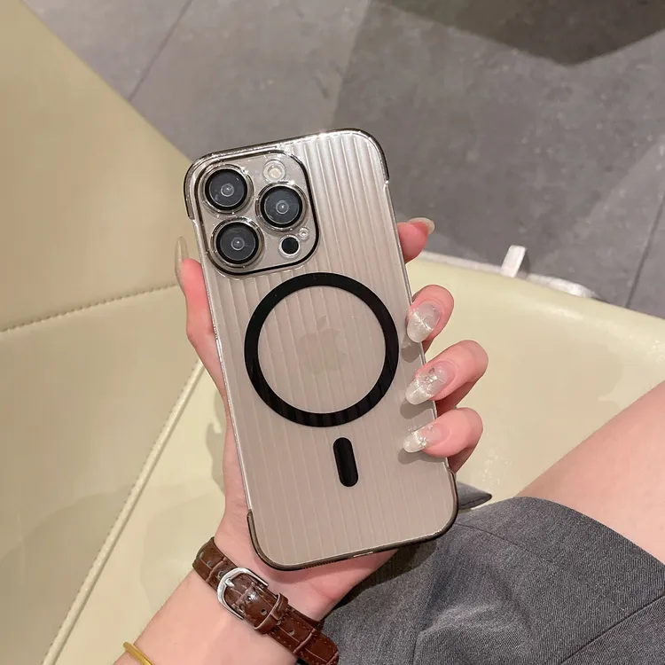 适用瓦楞高透无边15promax不发黄13/14磁吸简约硬壳全包防滑12pro