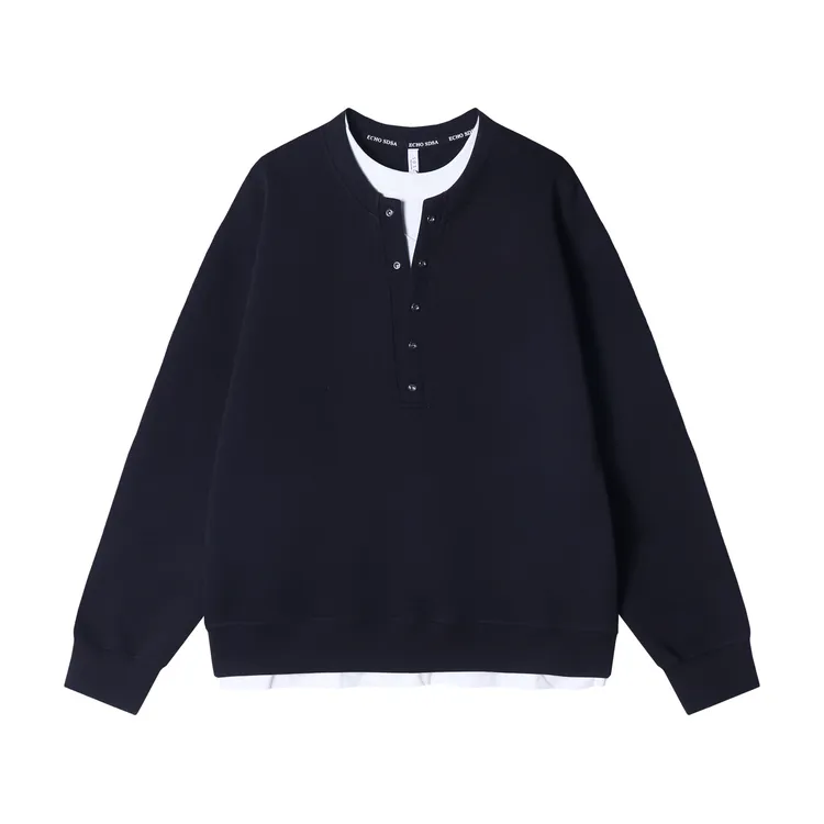 WY608秋冬时尚个性黑白撞色纽扣假两件套头卫衣百搭休闲简约上衣