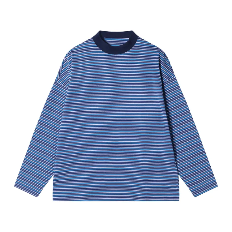 T1896秋季时尚个性撞色条纹套头圆领长袖T恤休闲百搭宽松上衣