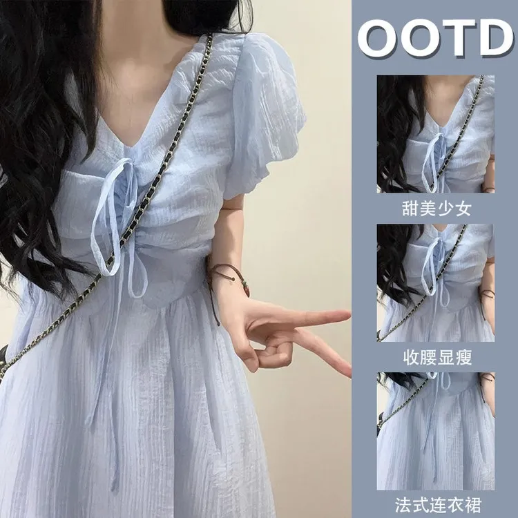 法式文艺带领蓝色泡泡袖连衣裙子小个仙女收腰显瘦裙子蓝色裙子