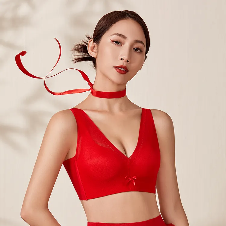 本命年无痕红色内衣女结婚新娘薄款胸罩无钢圈聚拢调整型文胸套装