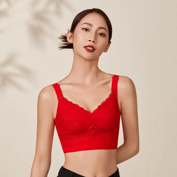 蛇年本命年红色蕾丝内衣胸罩大胸薄款收副乳无钢圈调整型新娘文胸