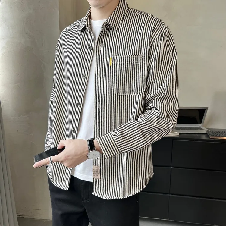 条纹衬衫男装长袖韩版新款春秋高级感休闲寸衫潮牌痞帅衬衣外套男
