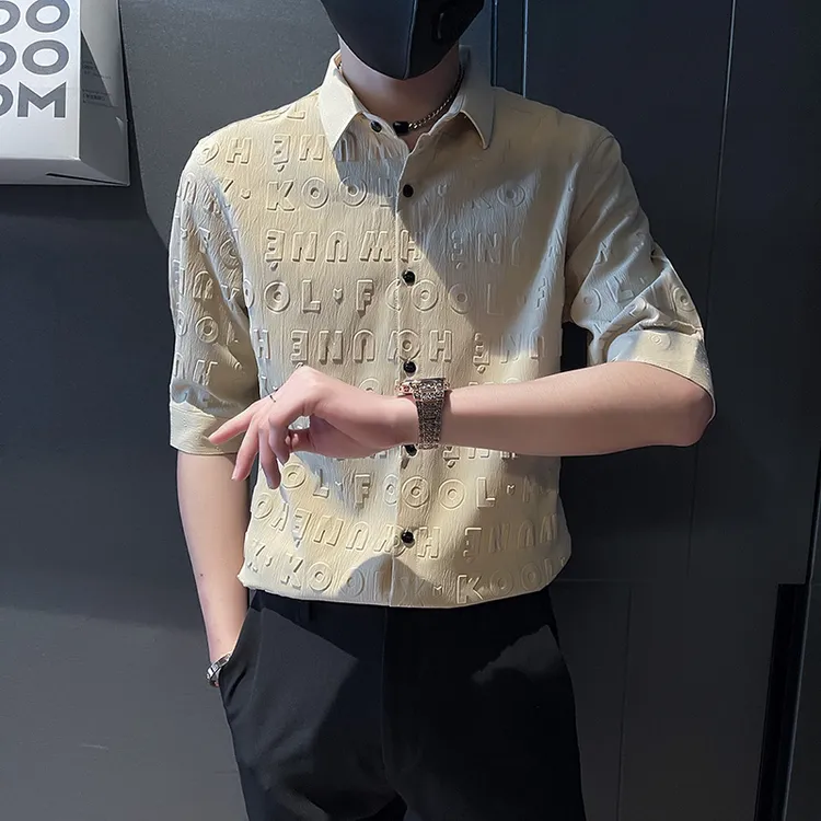 短袖衬衫男士夏季薄款冰丝修身男潮流痞帅商务休闲五分袖免烫衬衣