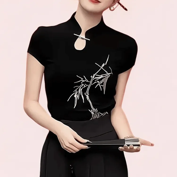 新中式复古小立领竹纹绣花气质国风夏季T恤小衫时尚修身显瘦百搭