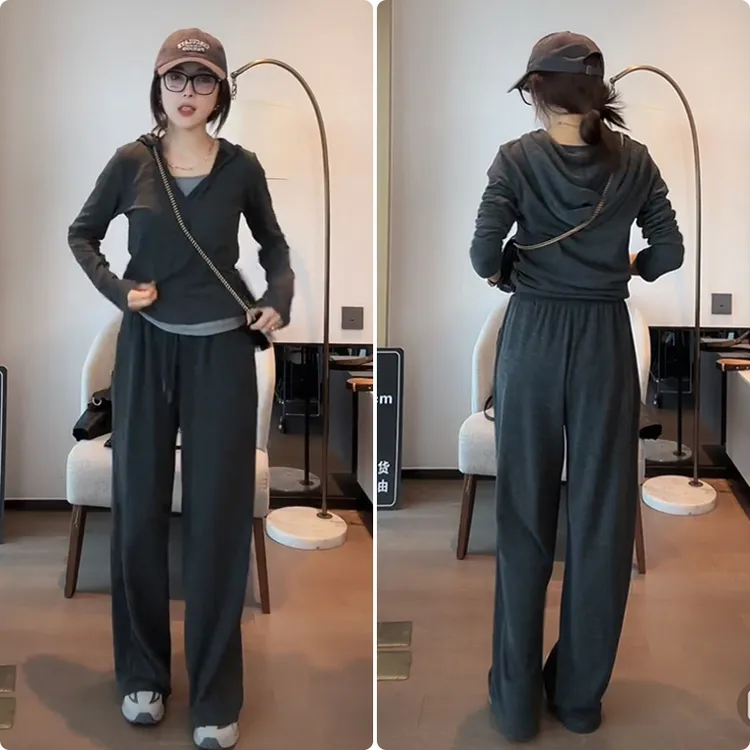 时尚网红三件套套装女高级感早秋款气质慵懒阔腿裤吊带连帽小外套