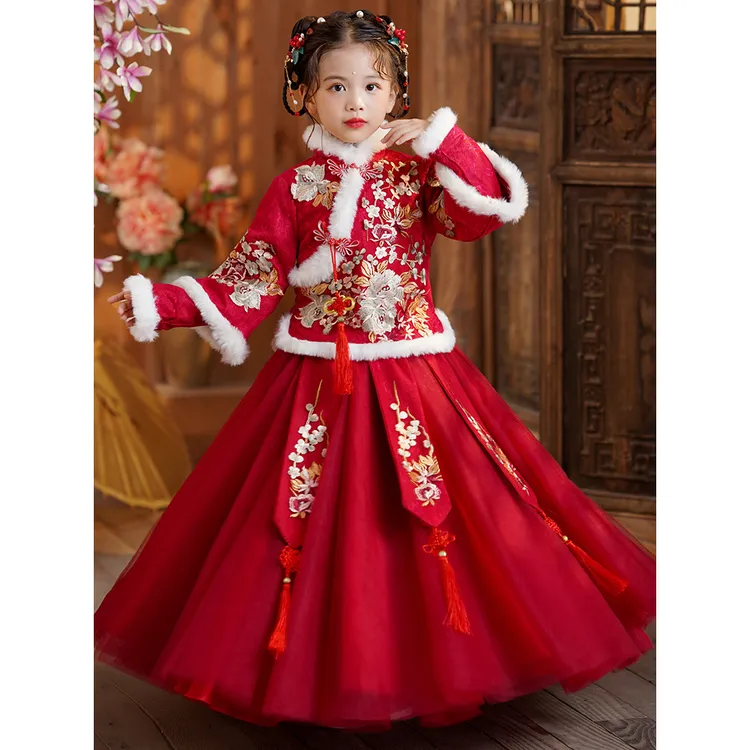 巴拉优选女童拜年服冬款裙子2023新款儿童新年过年汉服国风加绒