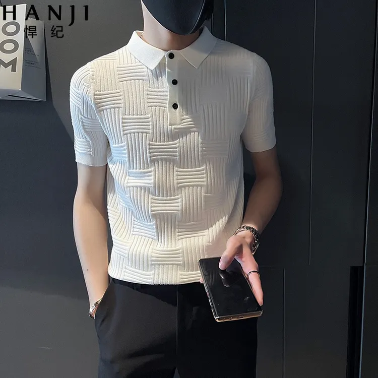 温纽旺冰丝针织Polo衫短袖t恤男士夏季潮牌高端翻领半袖夏上衣服