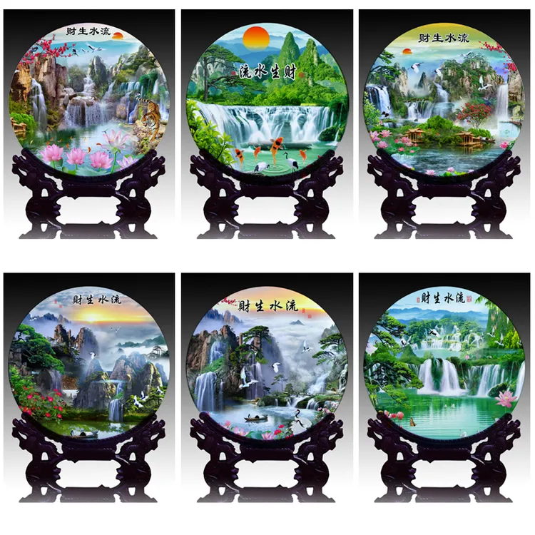 御影流水生财密胺装饰圆盘新中式餐厅客厅沙发背景墙面工艺品摆件
