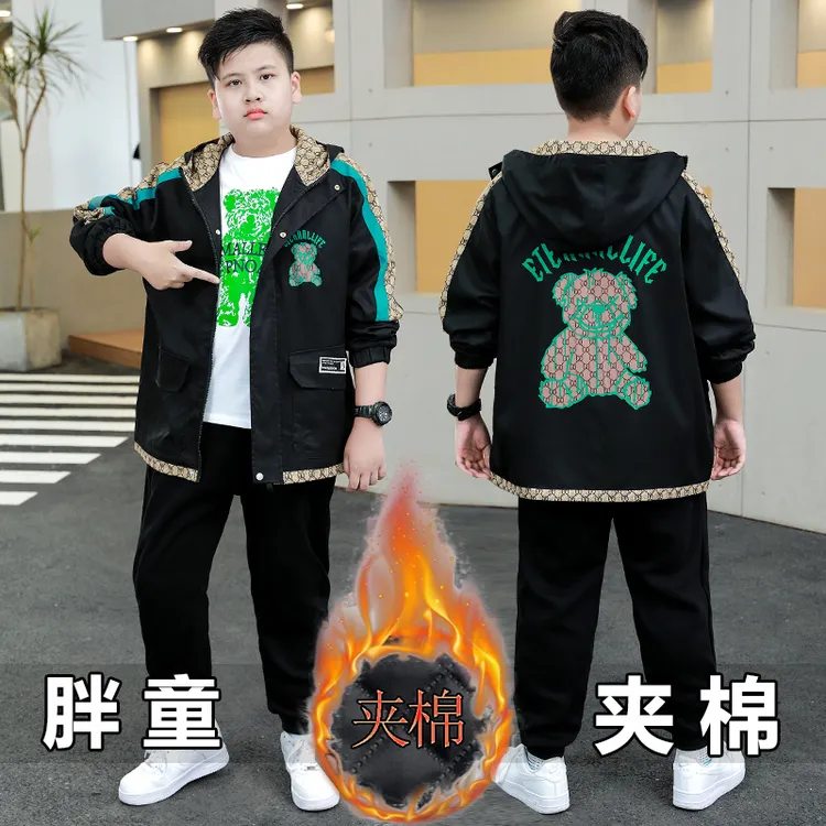 胖子夹棉男孩冬季加厚外套中大童宽松加肥大码连帽胖男孩二棉外套