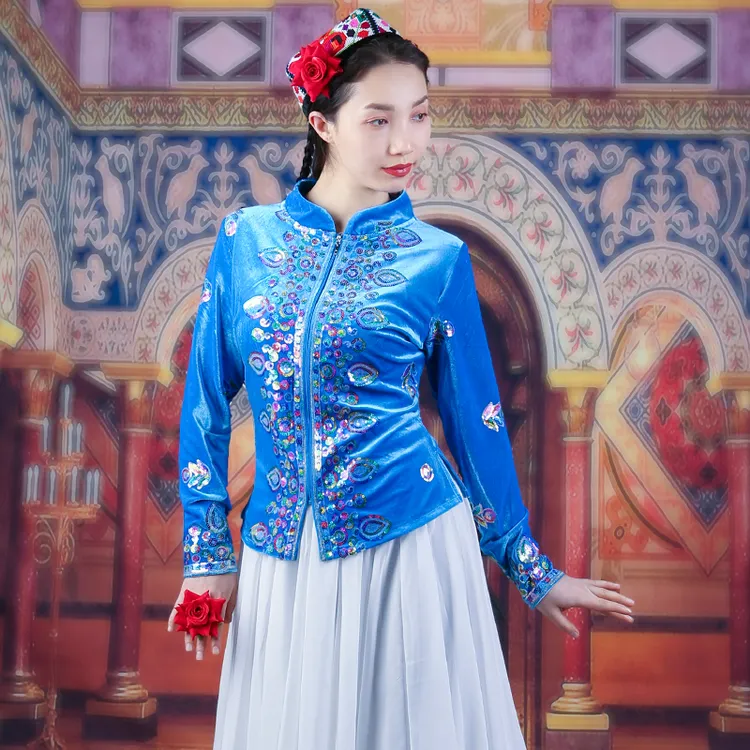天山美翼新疆舞蹈服维族舞新款重工高定珠绣金丝绒保暖冬季外套