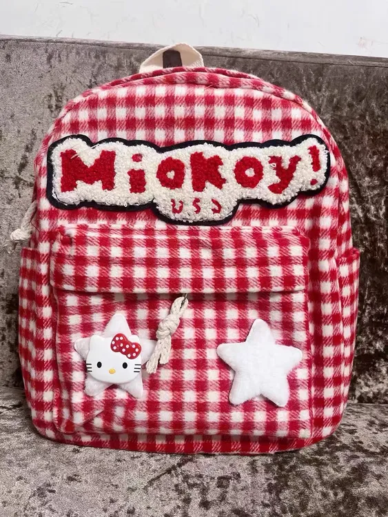 红色格子双肩包包时尚好看校园女生包包