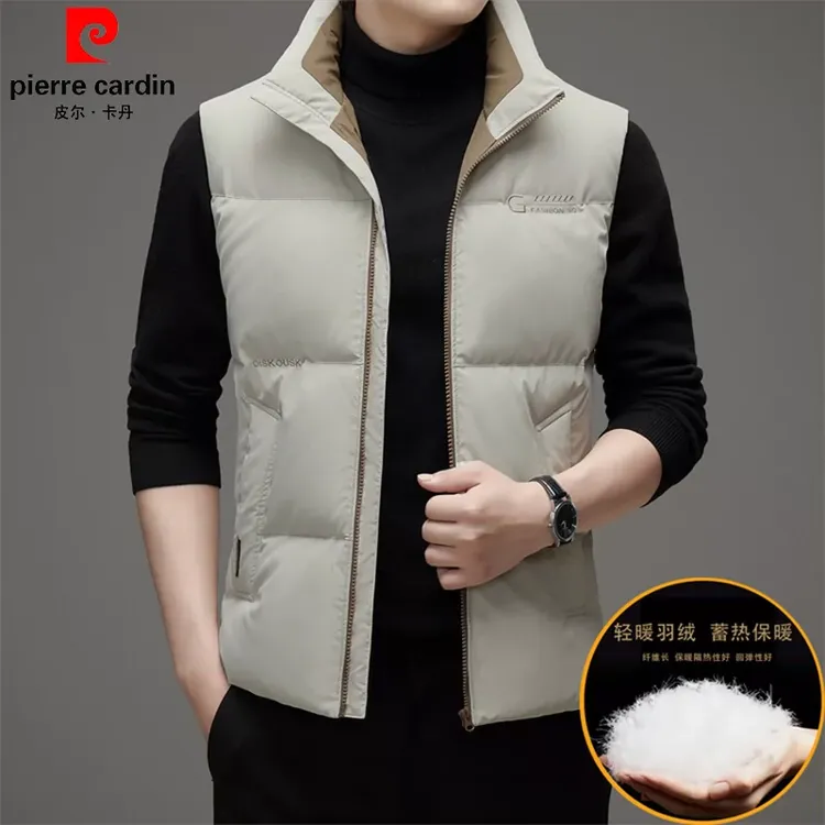 皮尔卡丹白鸭绒羽绒服马甲男士秋冬季新款加厚保暖无袖立领外套男