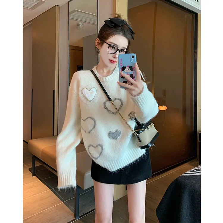 白色爱心圆领毛衣女2024秋冬加厚奶fufu可爱套头上衣半身裙套装