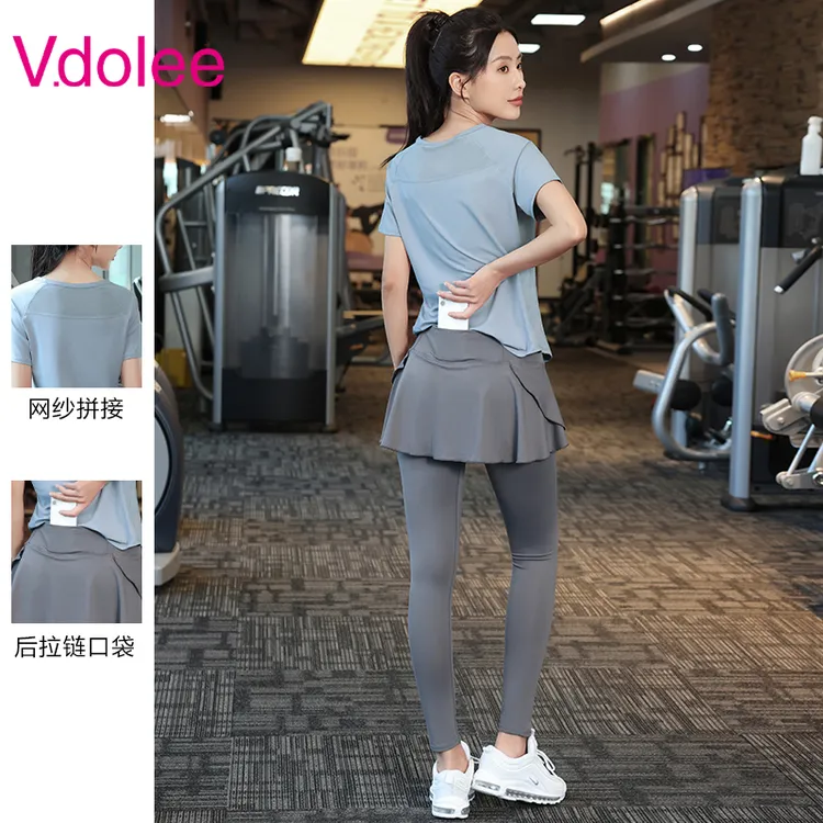 大码跑步瑜伽服高弹速干衣运动套装女网纱健身服装假两件裙裤1210